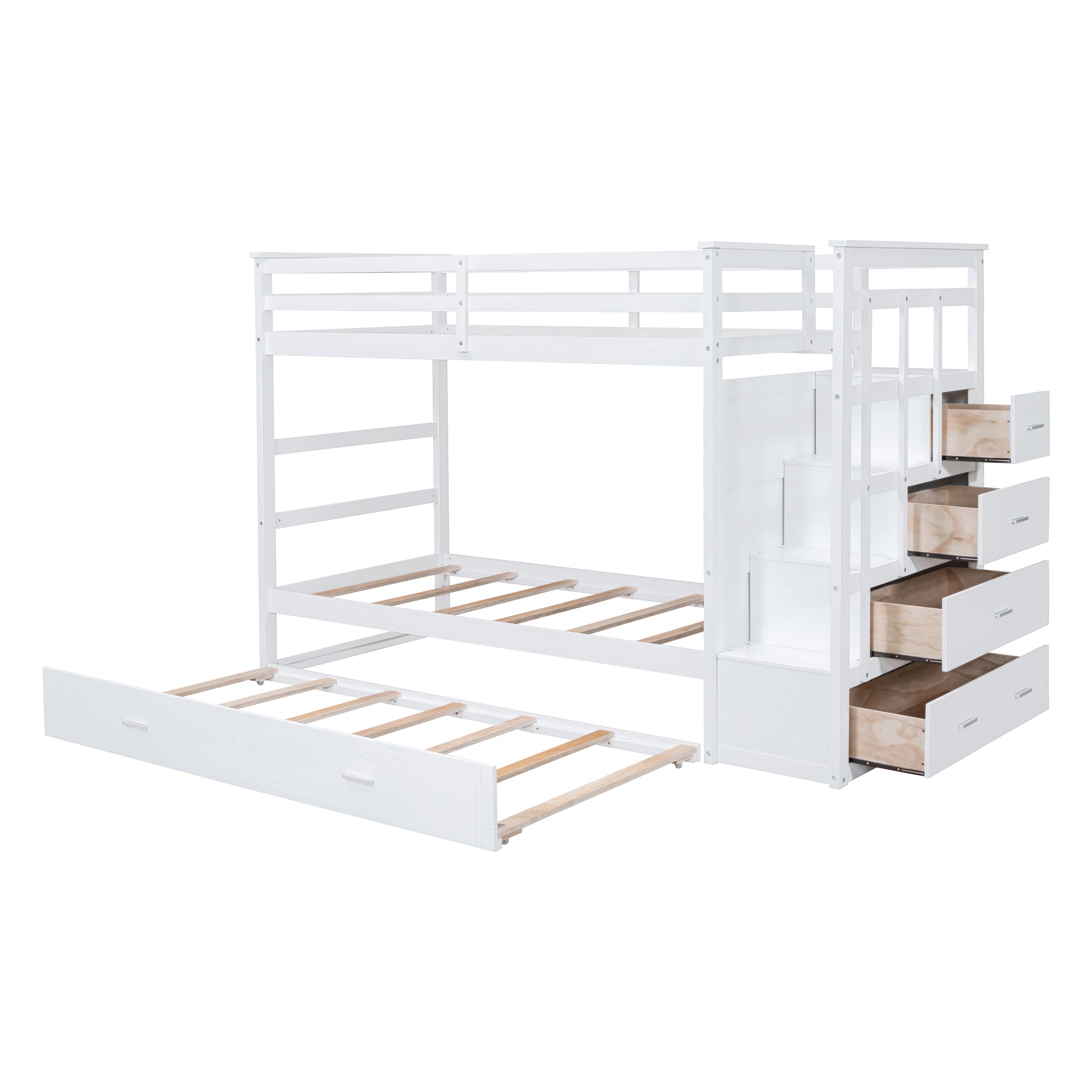 Twin Over Twin Bunk Bed with Trundle and Staircase, White