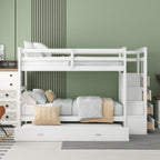 Twin Over Twin Bunk Bed with Trundle and Staircase, White