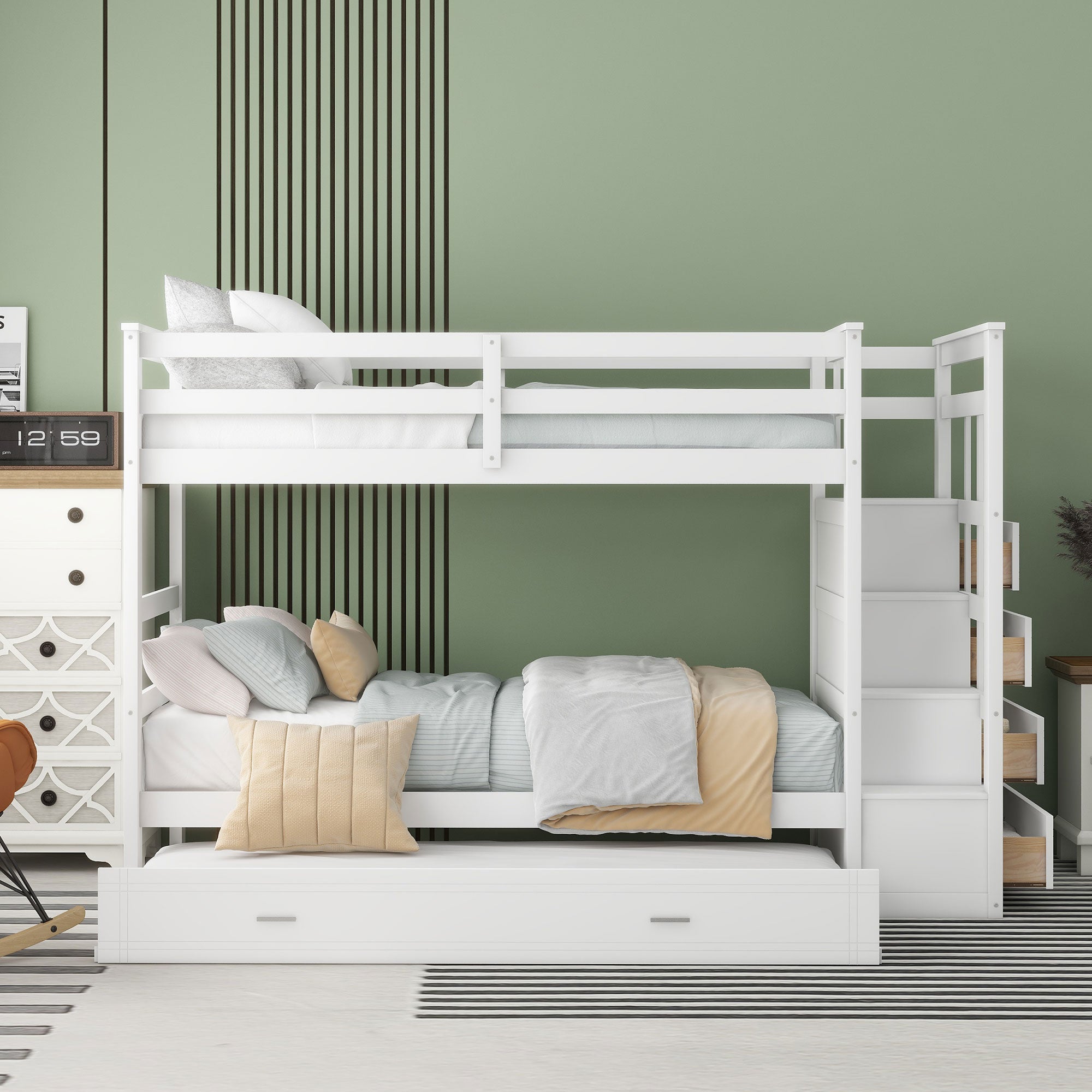 Twin Over Twin Bunk Bed with Trundle and Staircase, White