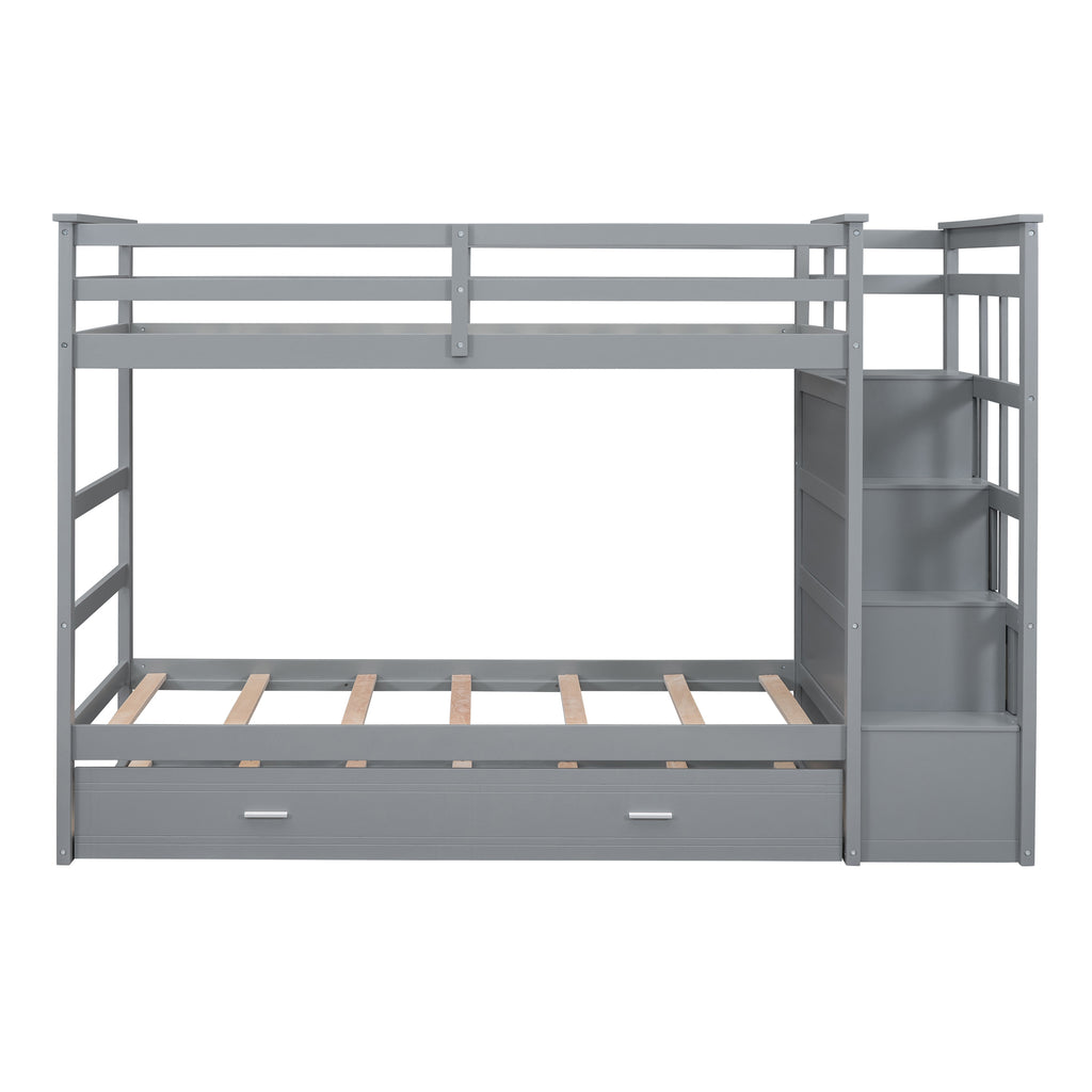 Twin Over Twin Bunk Bed with Trundle and Staircase - Gray