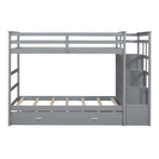 Twin Over Twin Bunk Bed with Trundle and Staircase - Gray