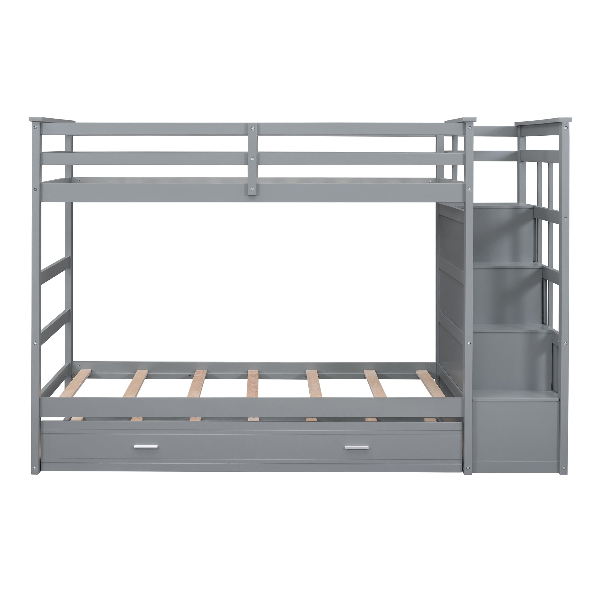 Twin Over Twin Bunk Bed with Trundle and Staircase - Gray