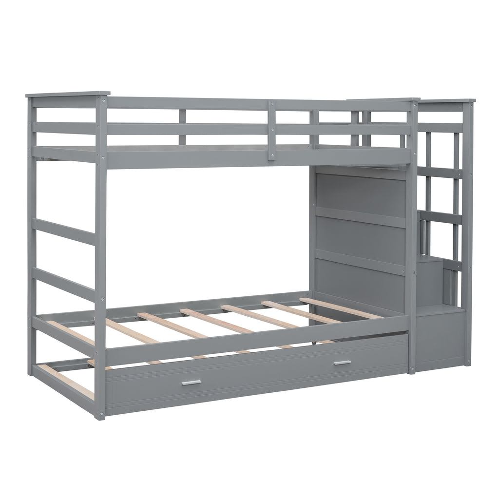 Twin Over Twin Bunk Bed with Trundle and Staircase - Gray