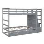 Twin Over Twin Bunk Bed with Trundle and Staircase - Gray
