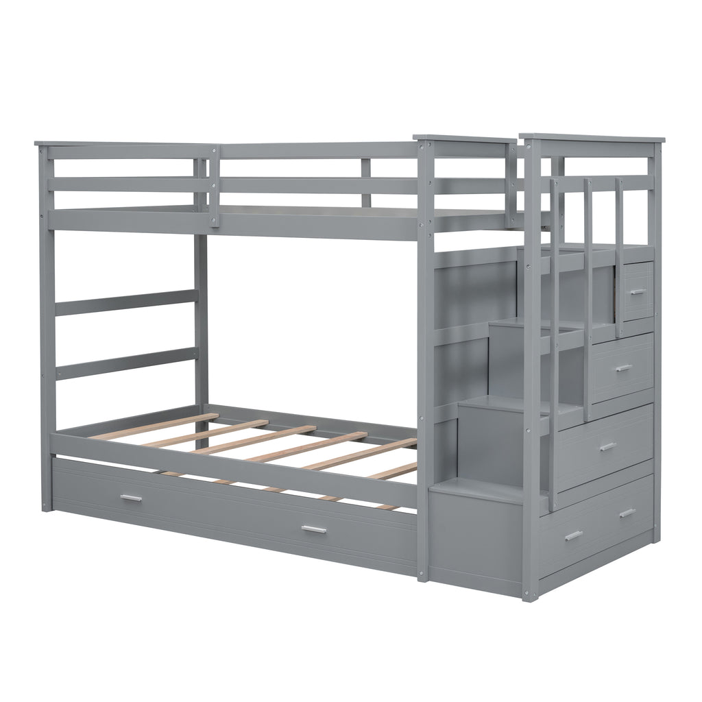Twin Over Twin Bunk Bed with Trundle and Staircase - Gray