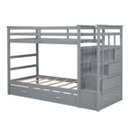 Twin Over Twin Bunk Bed with Trundle and Staircase - Gray