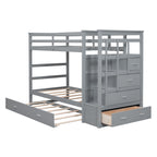 Twin Over Twin Bunk Bed with Trundle and Staircase - Gray