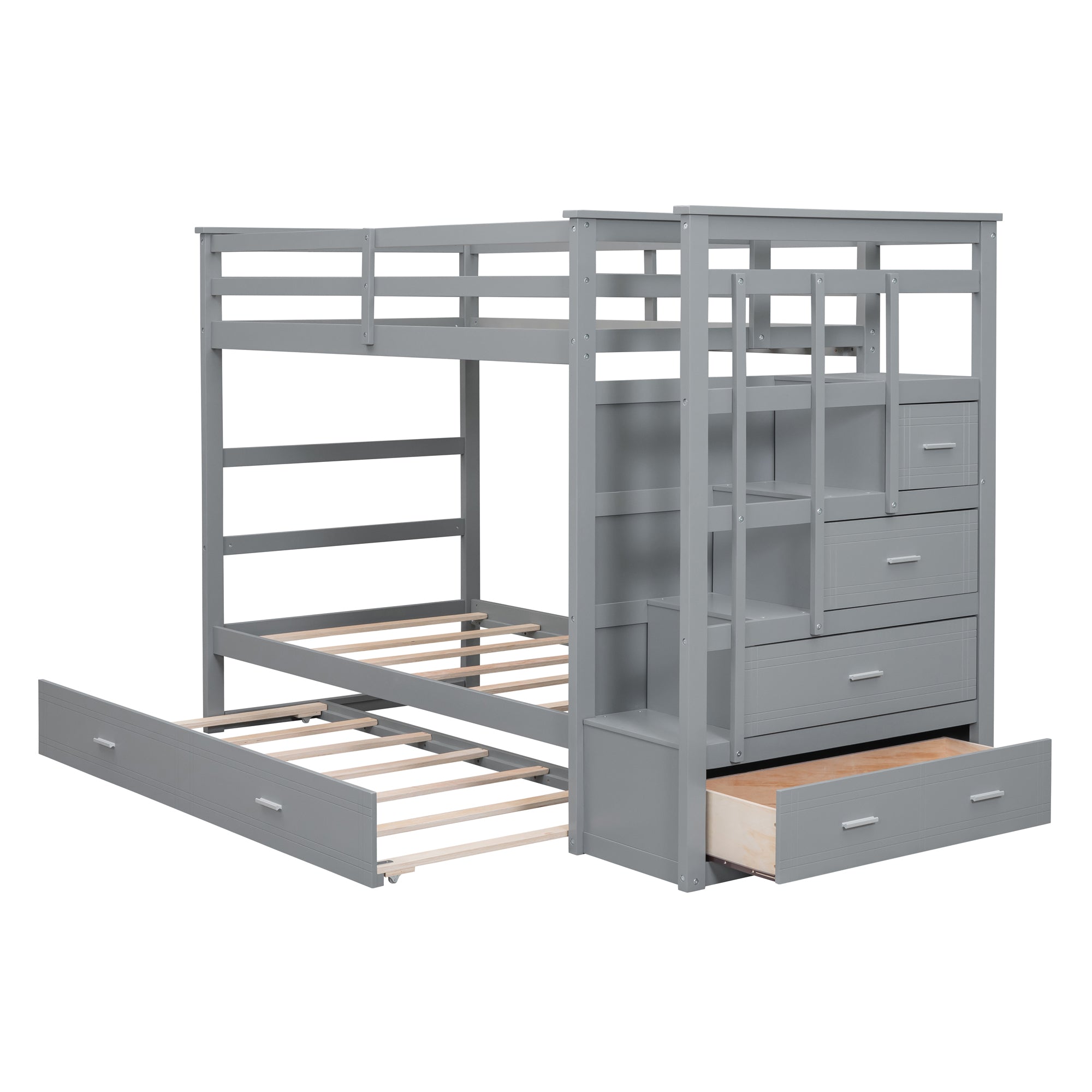 Twin Over Twin Bunk Bed with Trundle and Staircase - Gray