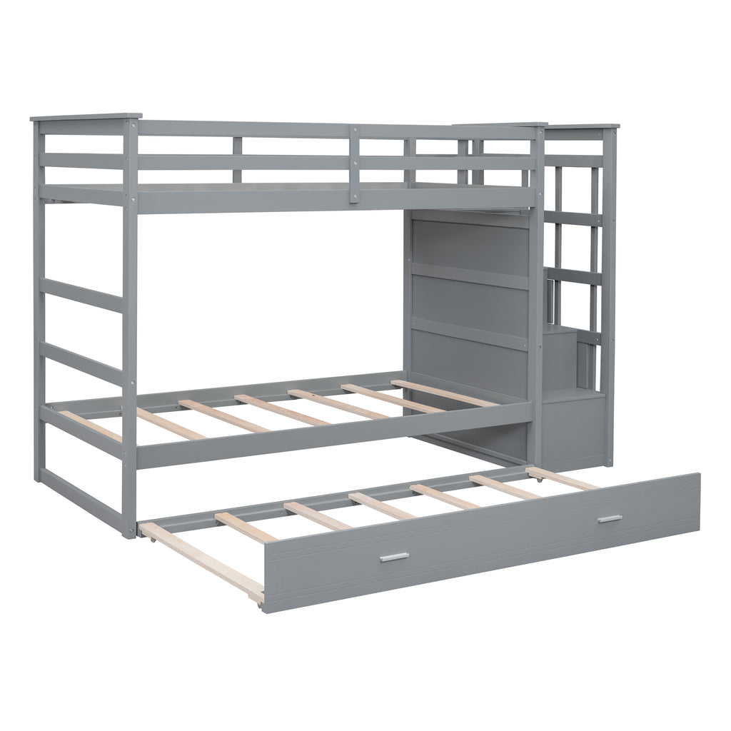 Twin Over Twin Bunk Bed with Trundle and Staircase - Gray