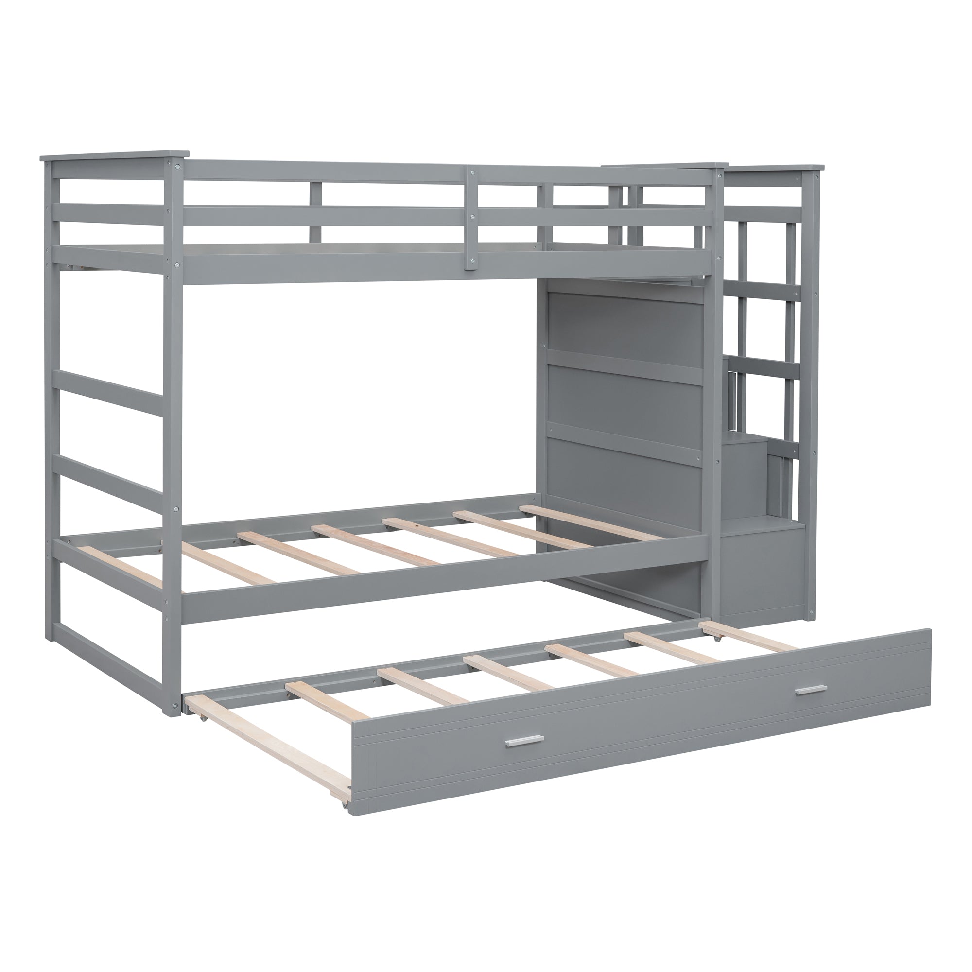 Twin Over Twin Bunk Bed with Trundle and Staircase - Gray
