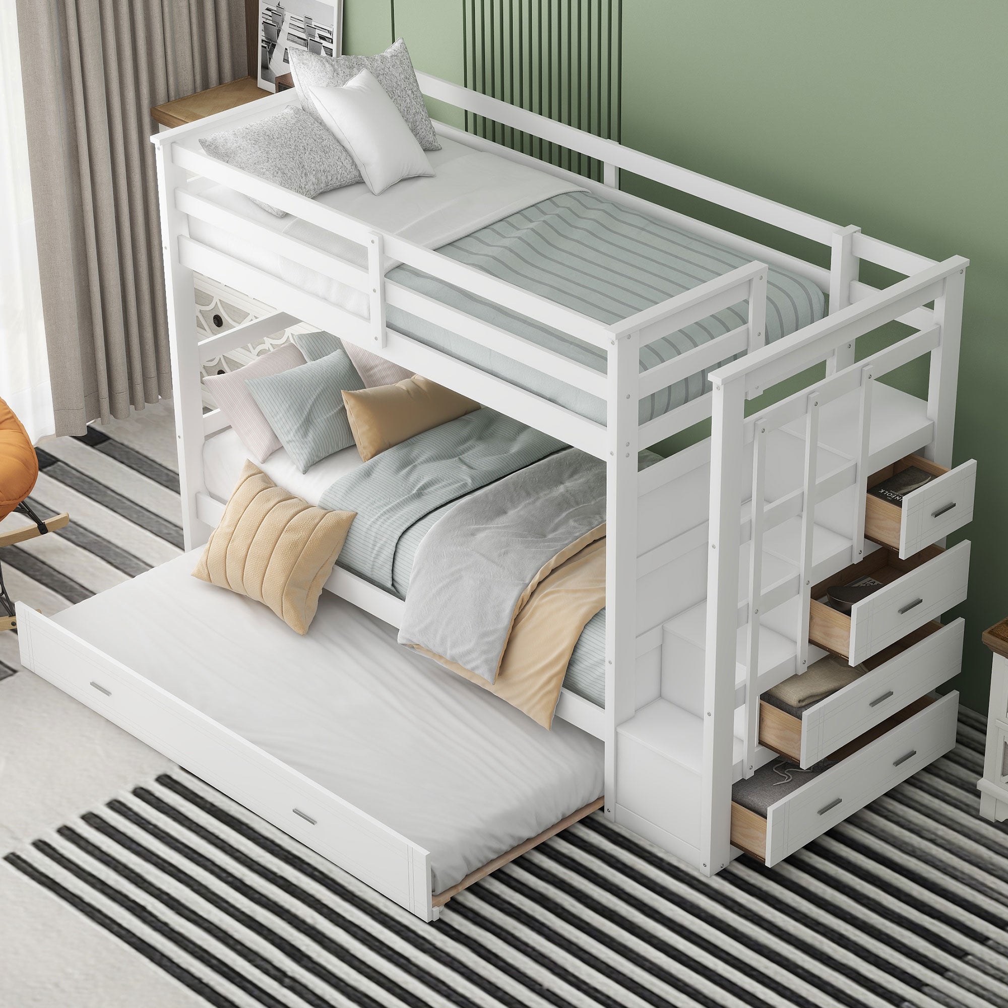 Twin Over Twin Bunk Bed with Trundle and Staircase, White