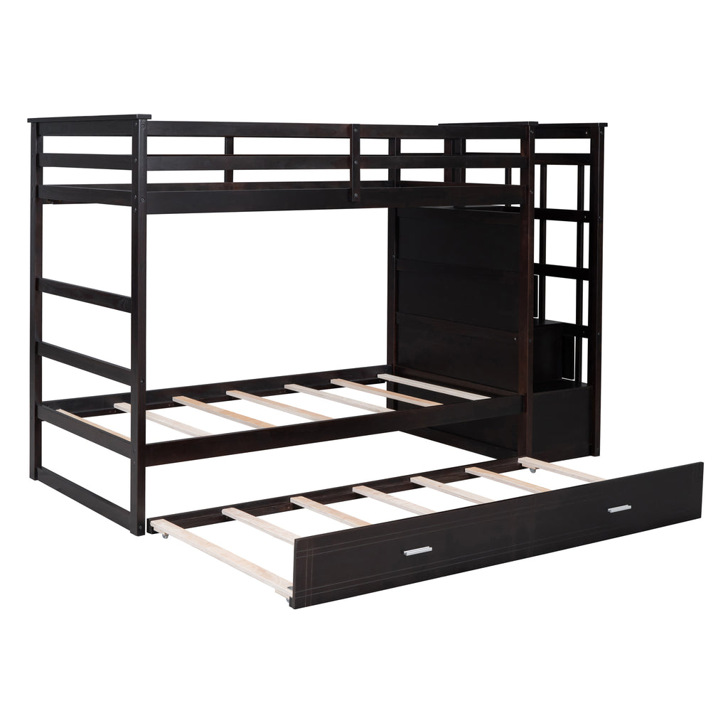Twin Over Twin Bunk Bed with Trundle and Staircase