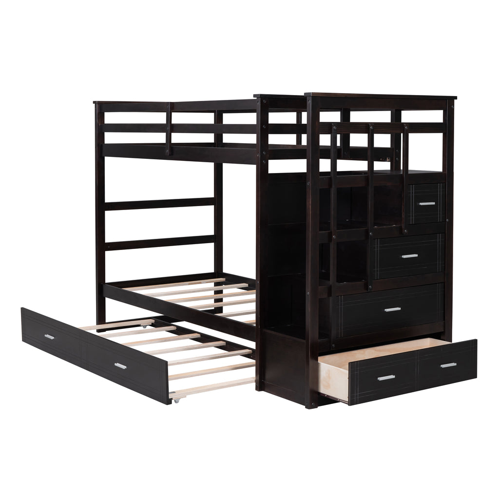 Twin Over Twin Bunk Bed with Trundle and Staircase