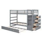 Twin Over Twin Bunk Bed with Trundle and Staircase - Gray