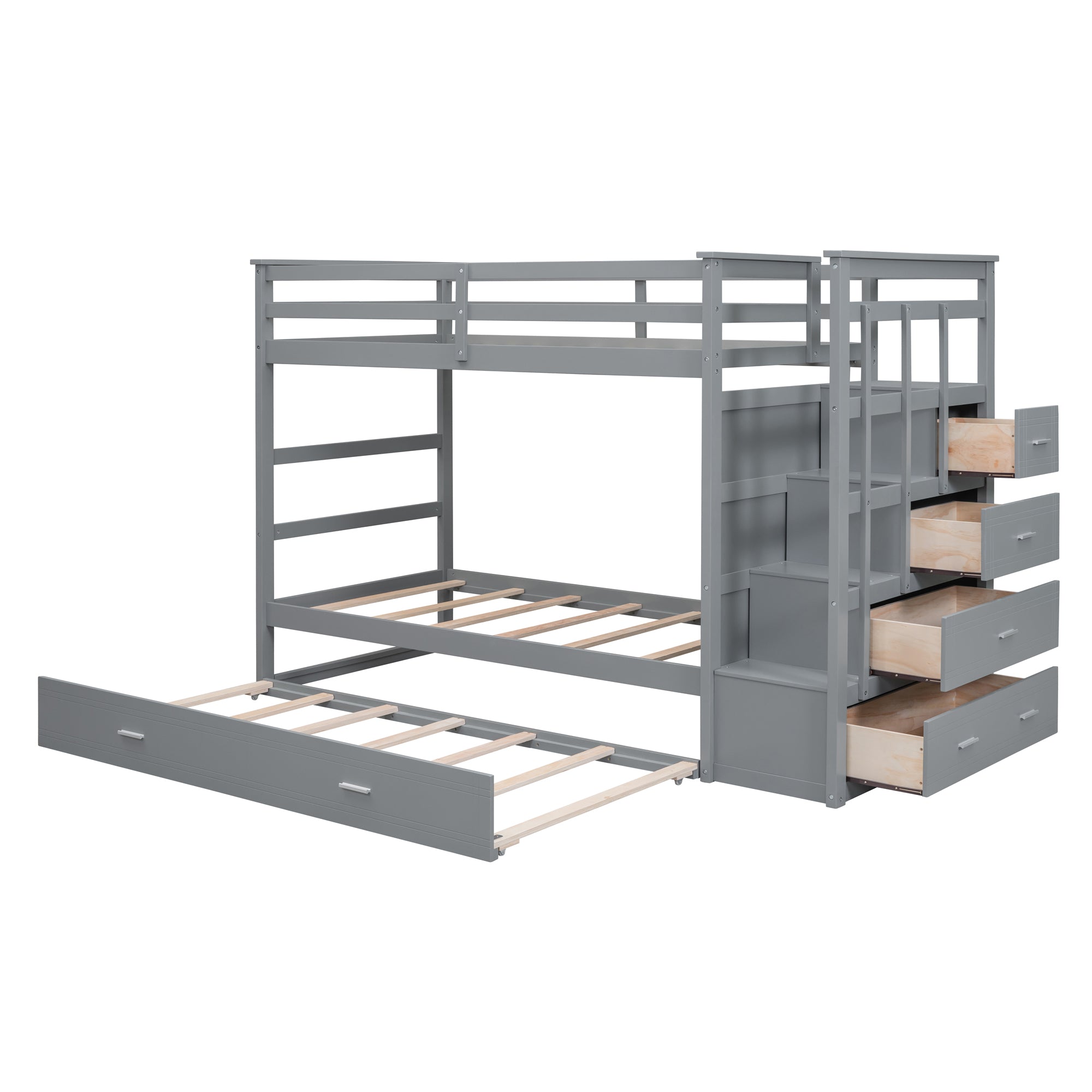 Twin Over Twin Bunk Bed with Trundle and Staircase - Gray