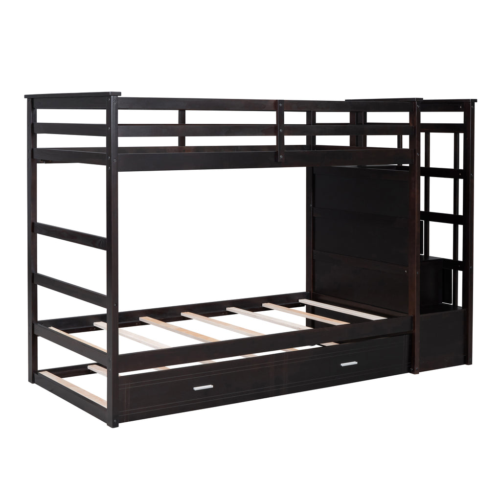 Twin Over Twin Bunk Bed with Trundle and Staircase