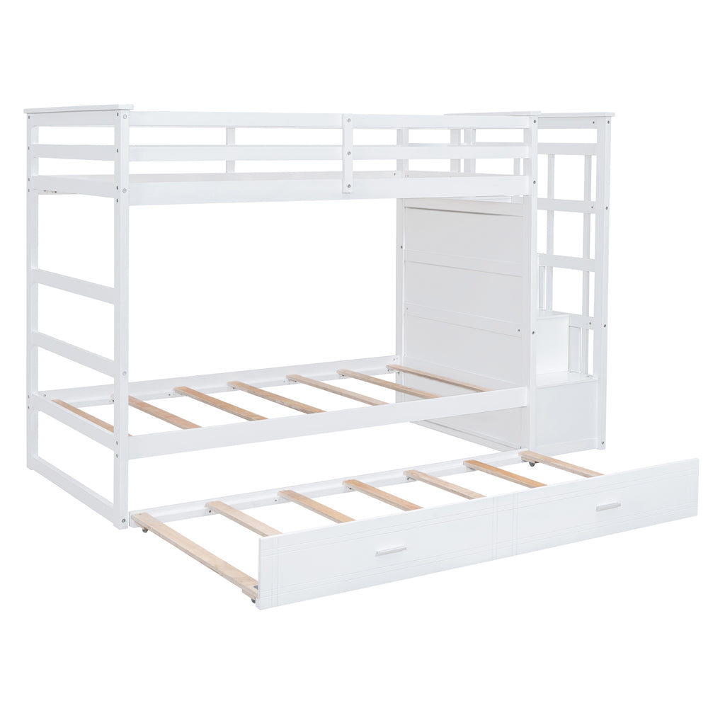Twin Over Twin Bunk Bed with Trundle and Staircase, White