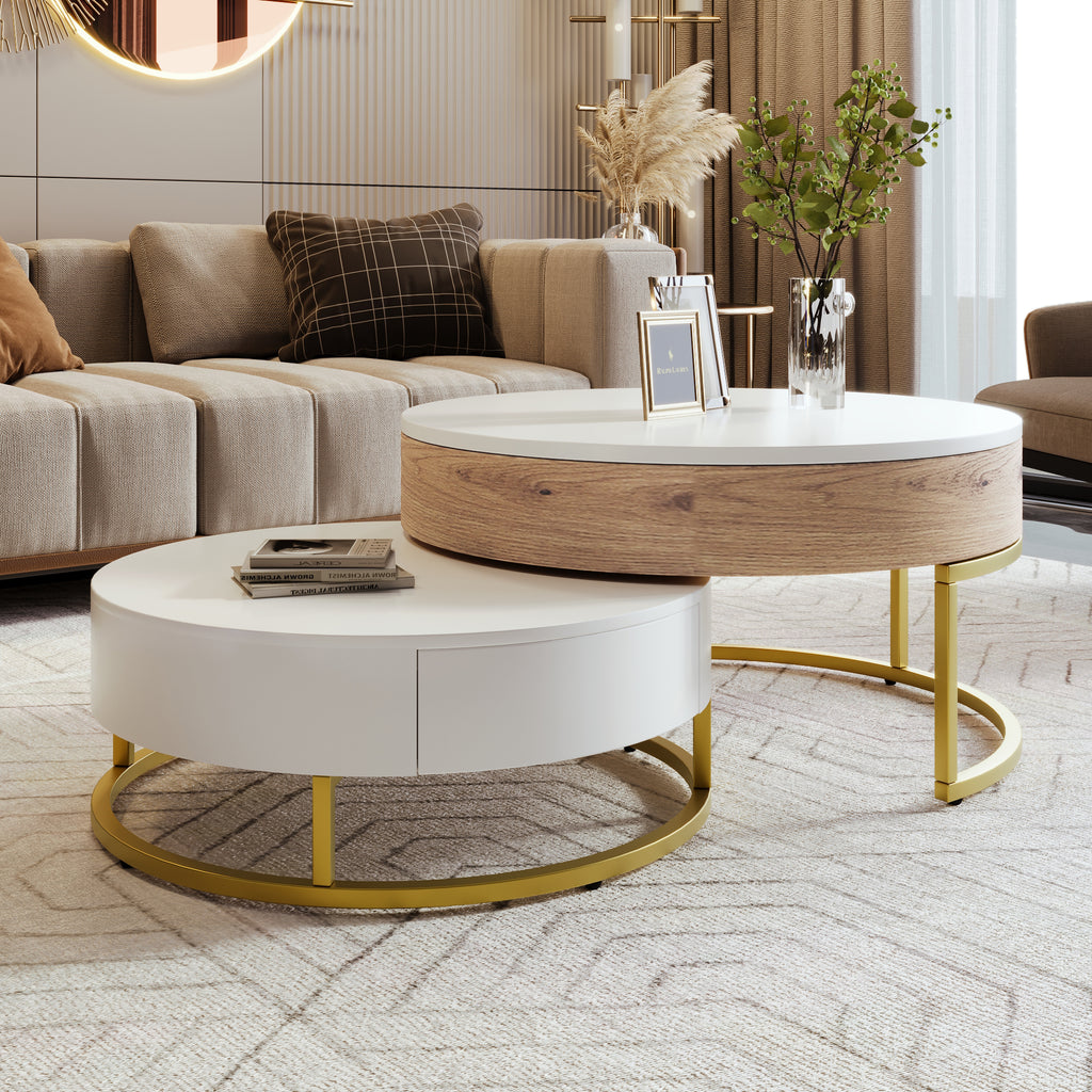 Modern Round Lift-Top Nesting Coffee Tables with 2 Drawers