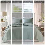 3 Piece Reversible Scalloped Edge Quilt Set - Seafoam