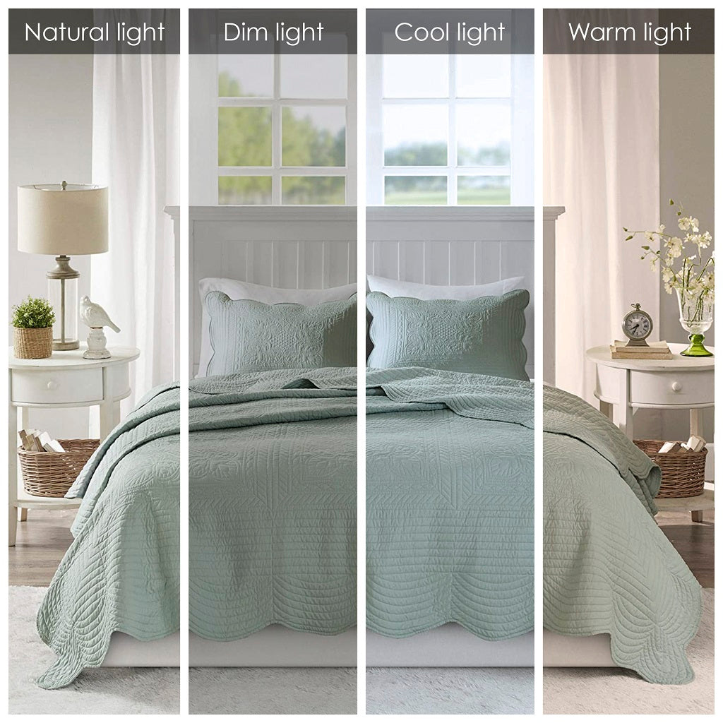 3 Piece Reversible Scalloped Edge Quilt Set - Seafoam