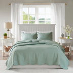 3 Piece Reversible Scalloped Edge Quilt Set - Seafoam