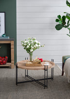Farmhouse Round Wooden Coffee Table with Metal Legs