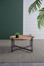 Farmhouse Round Wooden Coffee Table with Metal Legs