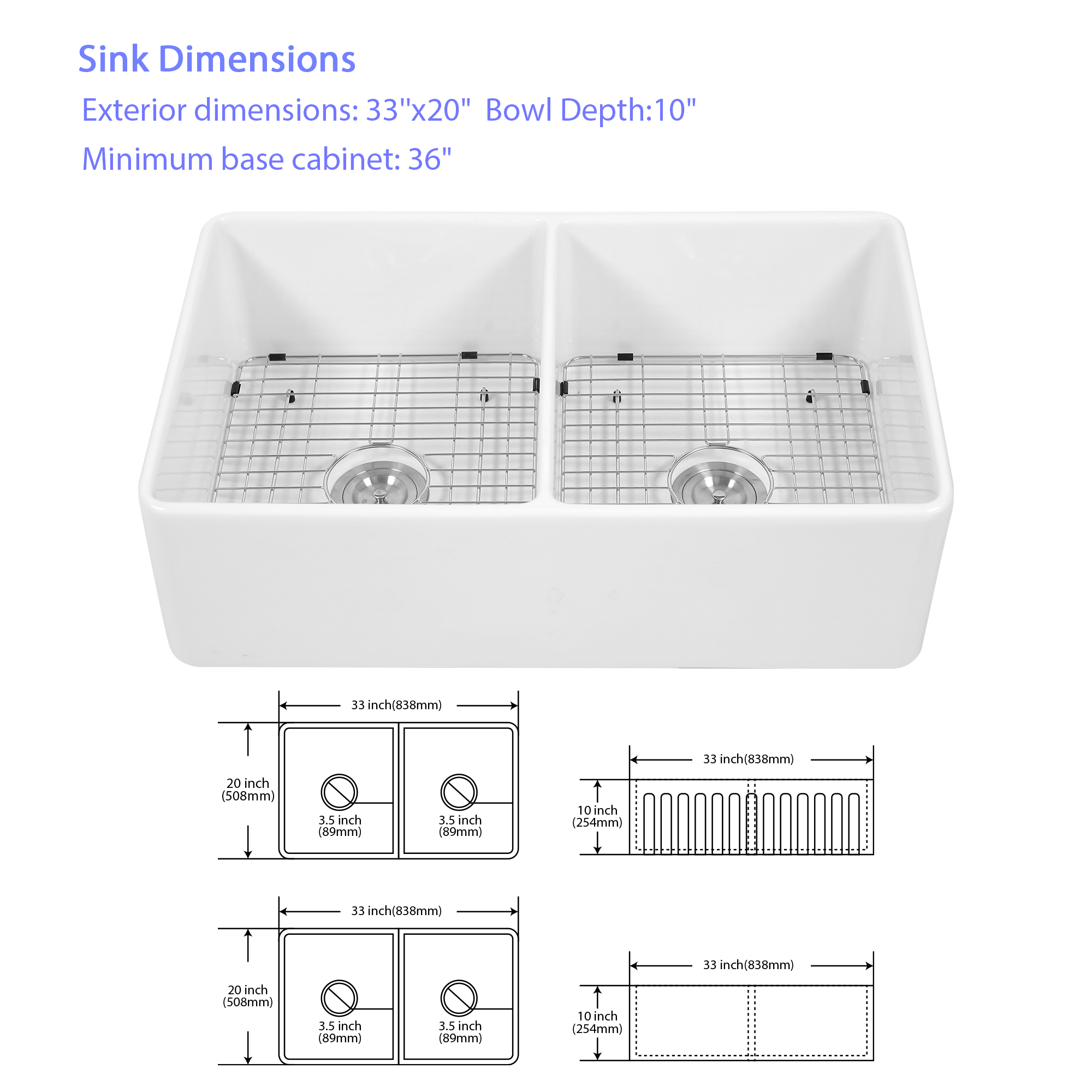 White Farmhouse Sink - 33 x 20 x 10 Inch