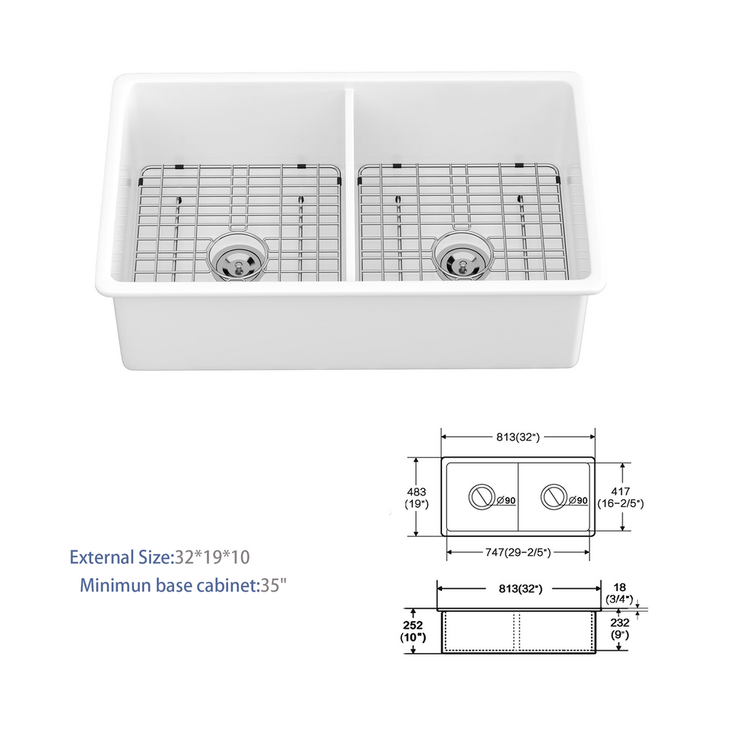 32"x19"x10" Undermount Double Bowl Fireclay Kitchen Sink