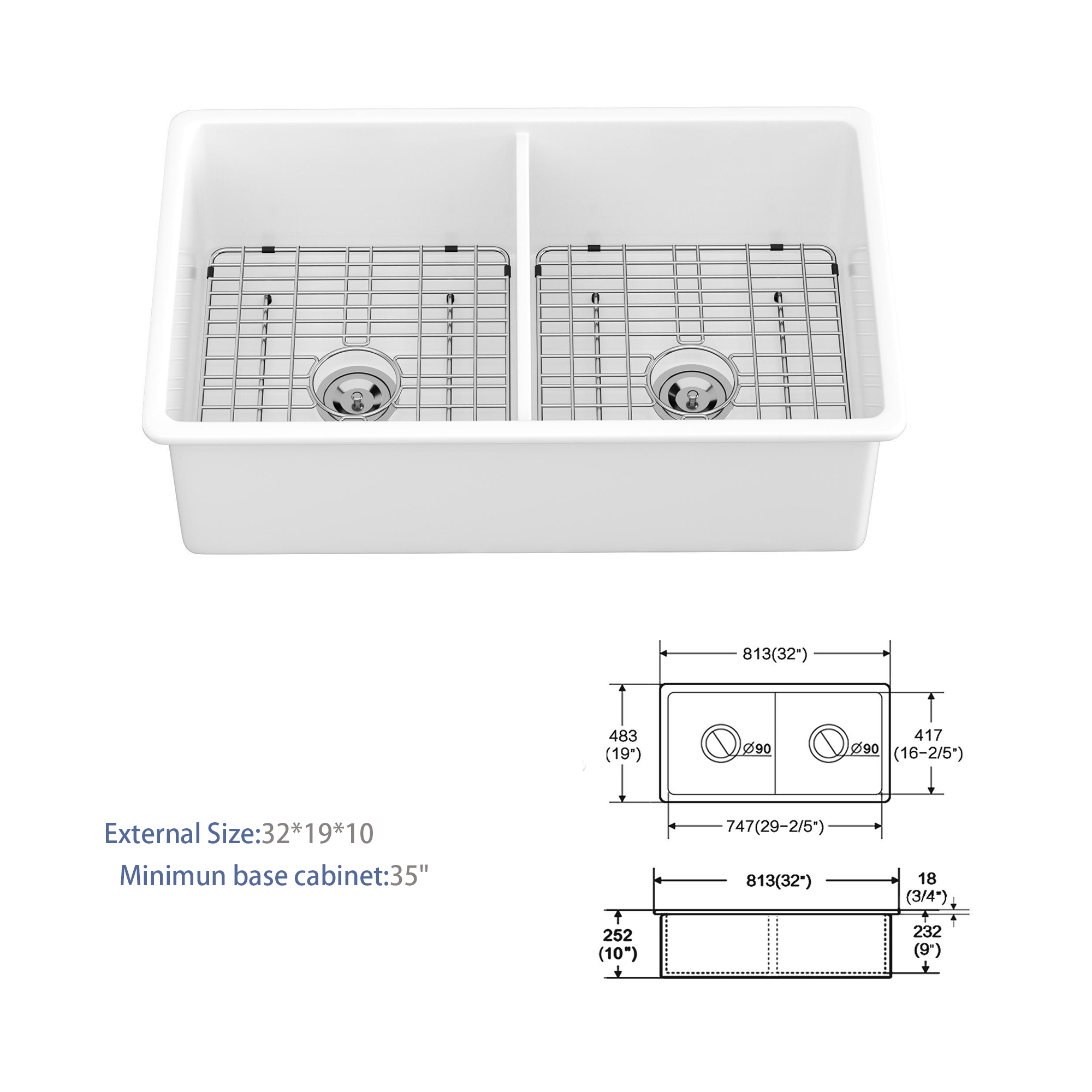 32"x19"x10" Undermount Double Bowl Fireclay Kitchen Sink