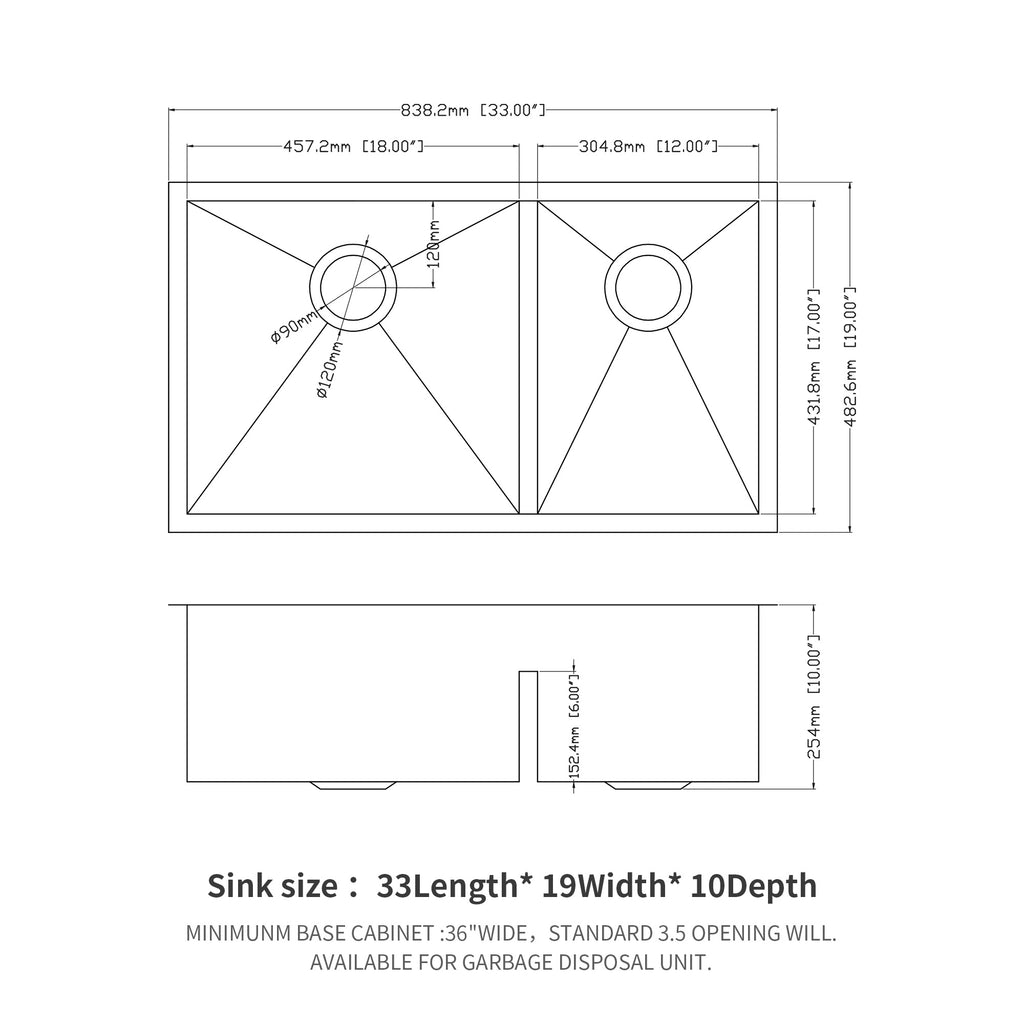 33"x19" Undermount Double Bowl Kitchen Sink