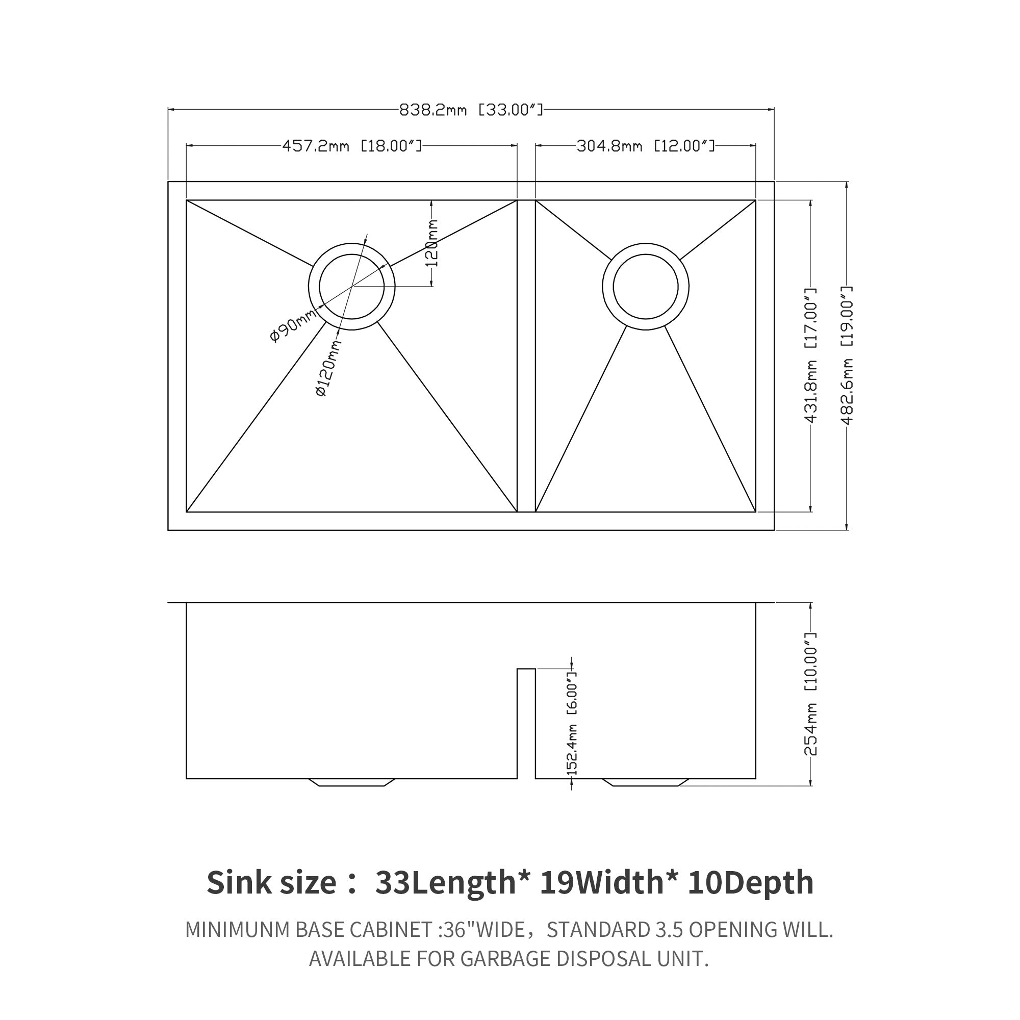 33"x19" Undermount Double Bowl Kitchen Sink