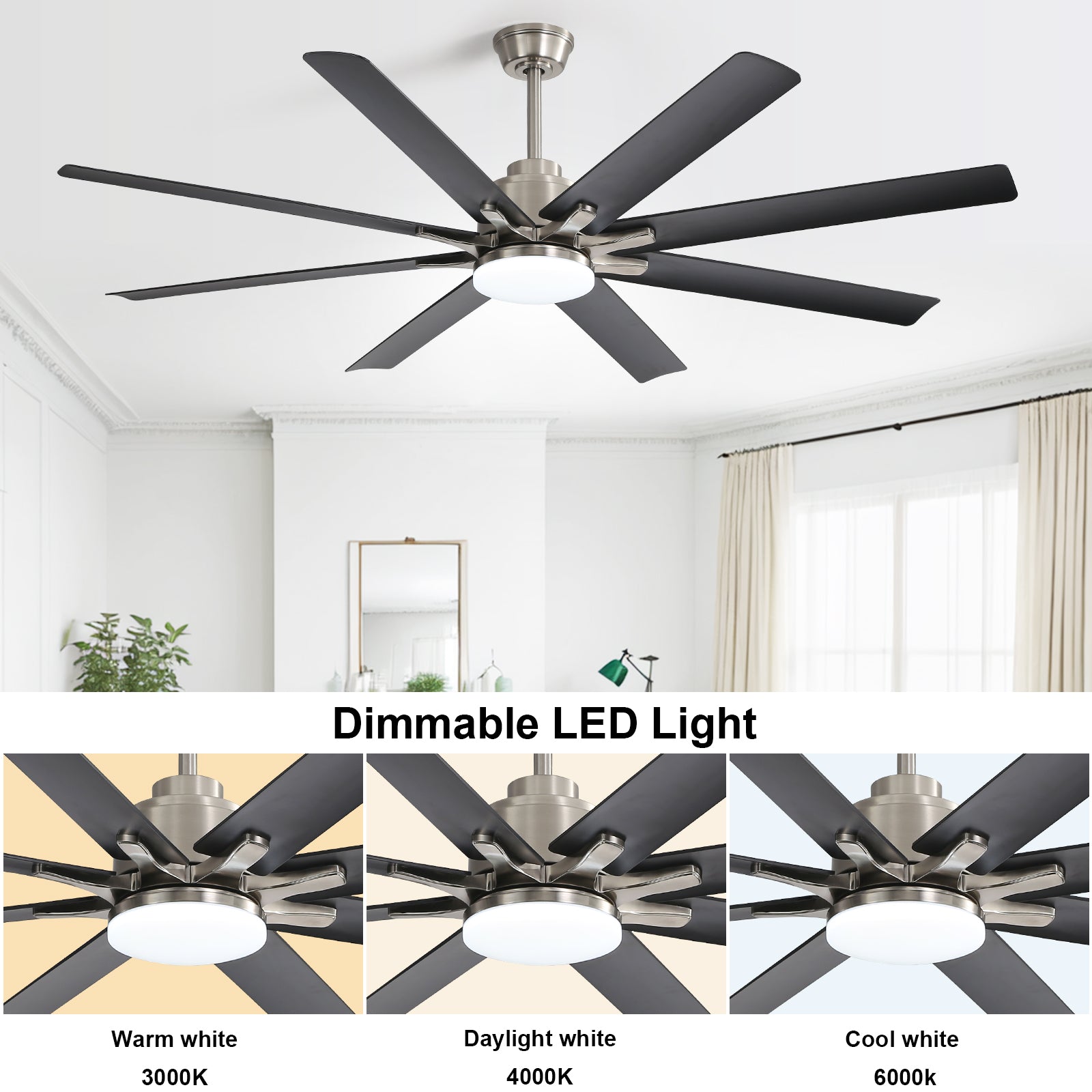 66 Inch Large Ceiling Fan With Dimmable Led Light