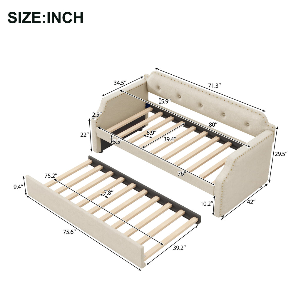 Upholstered Daybed with Trundle, Wood Slat Support, Twin