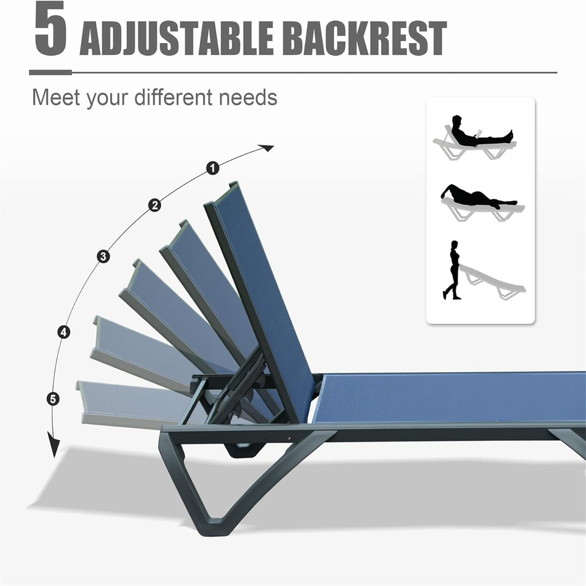 Outdoor Lounge Chair, Aluminum Plastic Patio Chaise Lounge with Side Table & 5 Position Adjustable Backrest & Wheels, All Weather Reclining Chair for Outside Beach Poolside Lawn