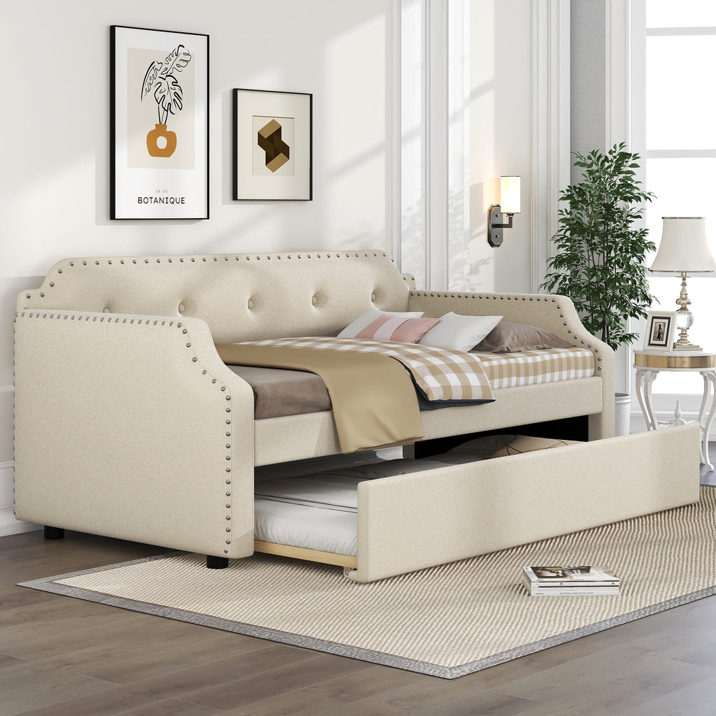 Upholstered Daybed with Trundle, Wood Slat Support, Twin