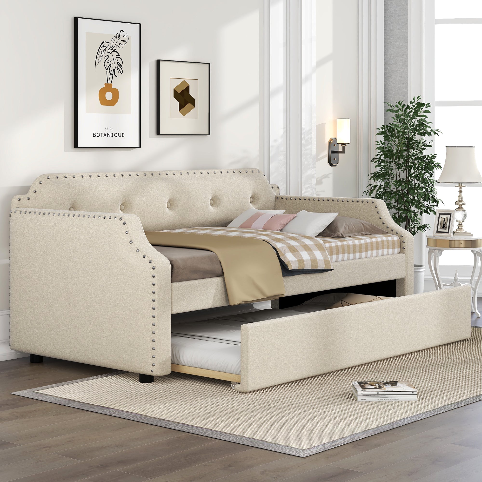 Upholstered Daybed with Trundle, Wood Slat Support, Twin