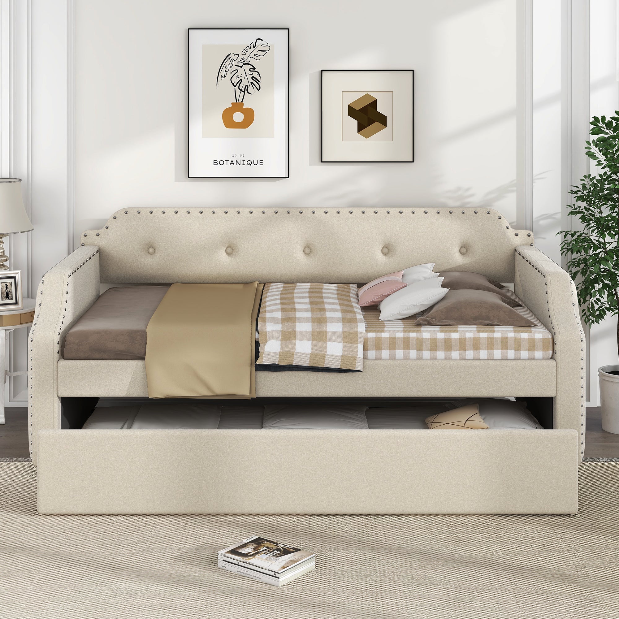 Upholstered Daybed with Trundle, Wood Slat Support, Twin