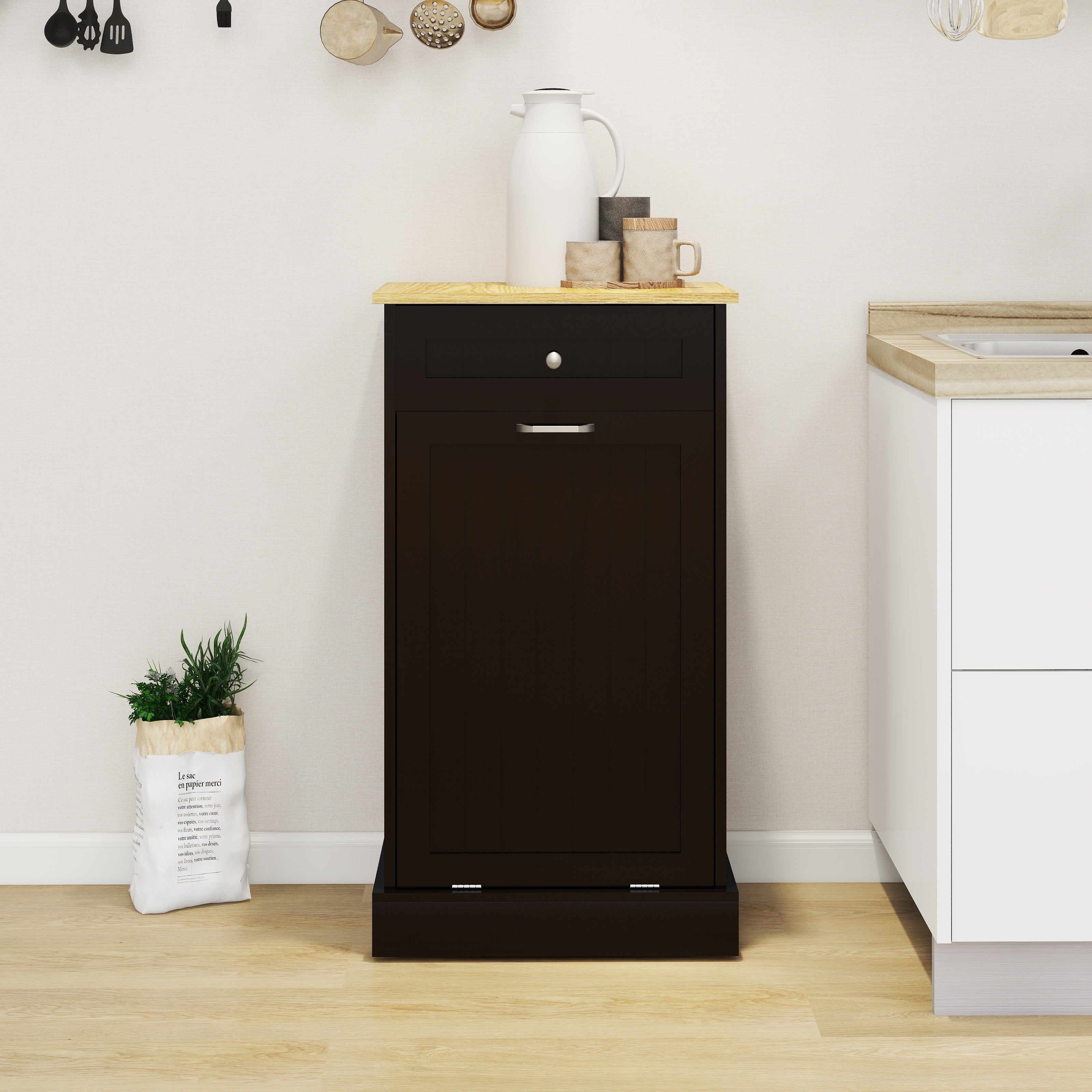 One Drawer and One-Compartment Tilt-Out Trash Cabinet - Black
