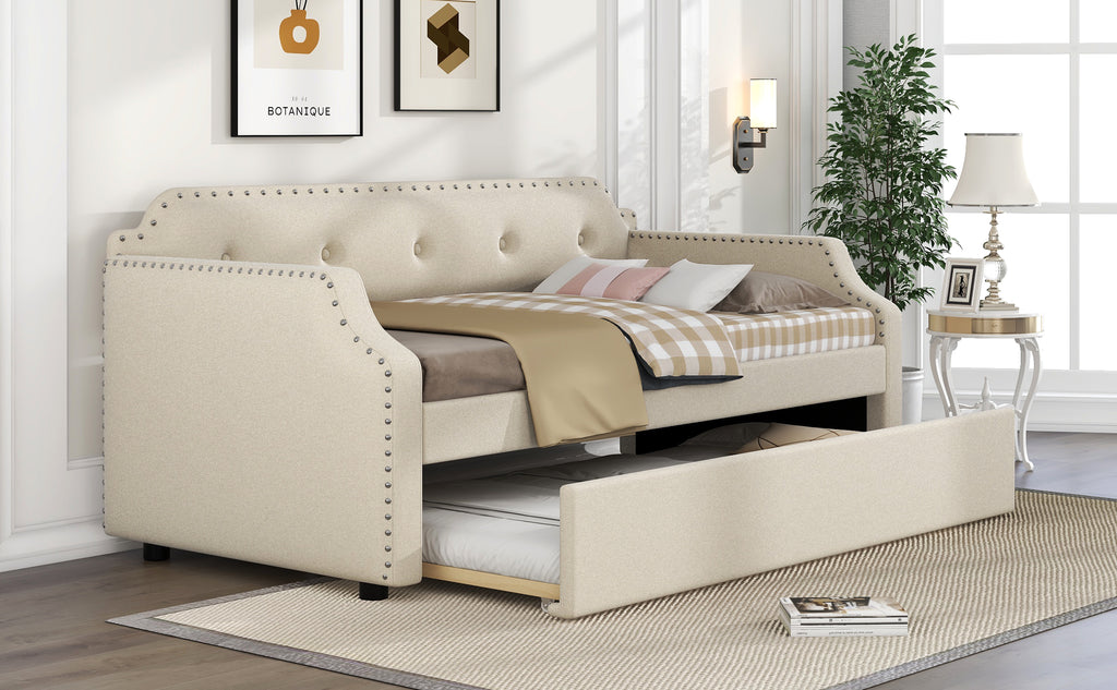 Upholstered Daybed with Trundle, Wood Slat Support, Twin