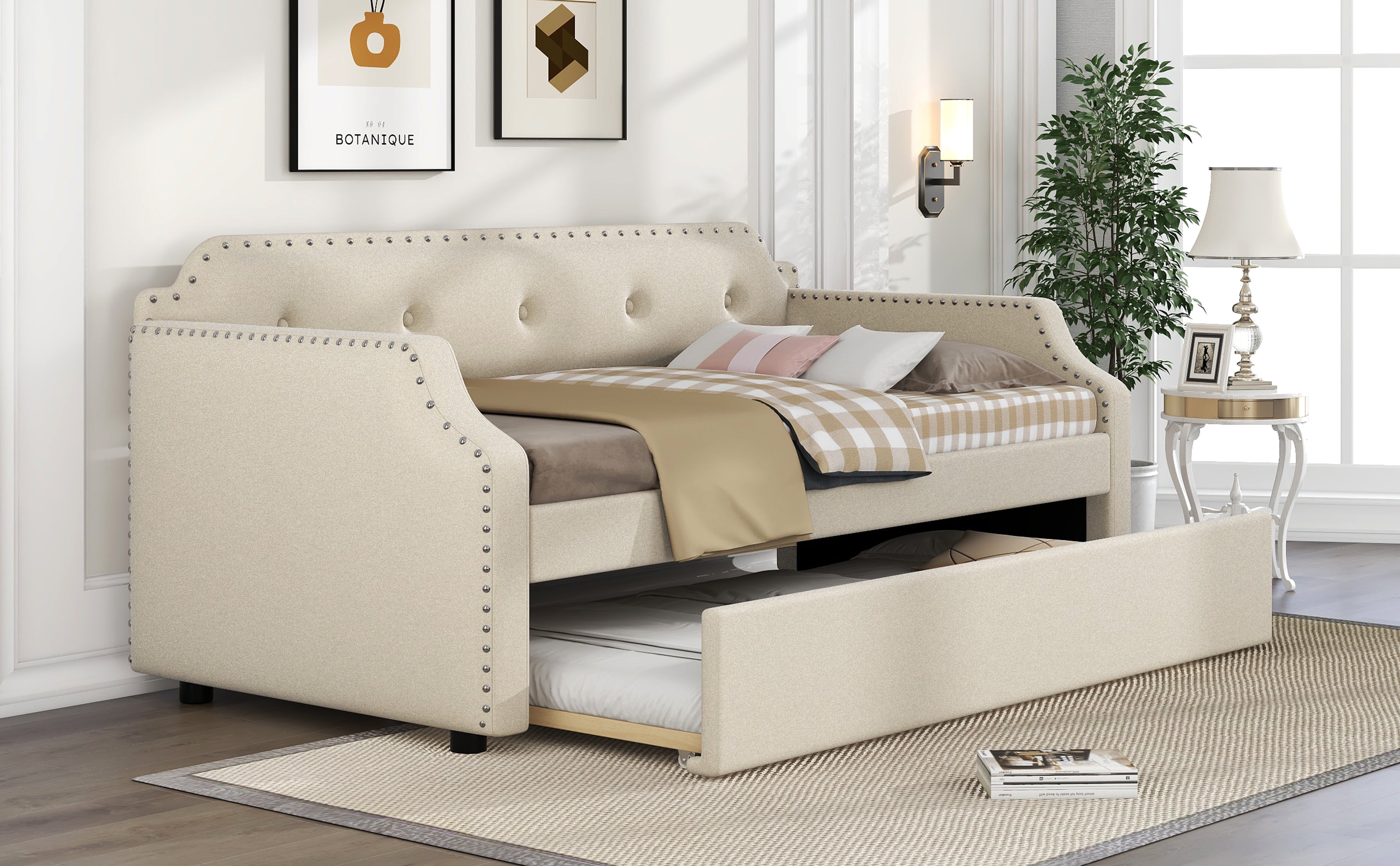 Upholstered Daybed with Trundle, Wood Slat Support, Twin
