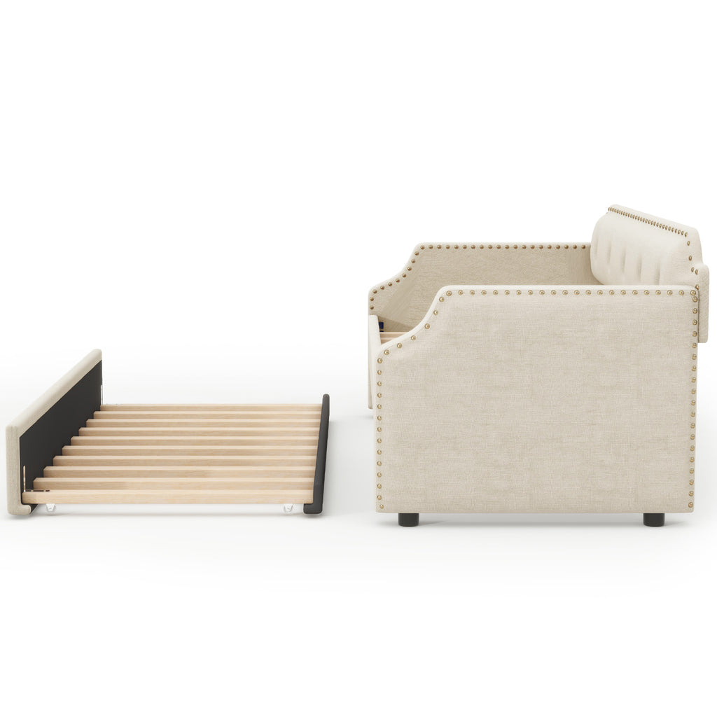Upholstered Daybed with Trundle, Wood Slat Support, Twin