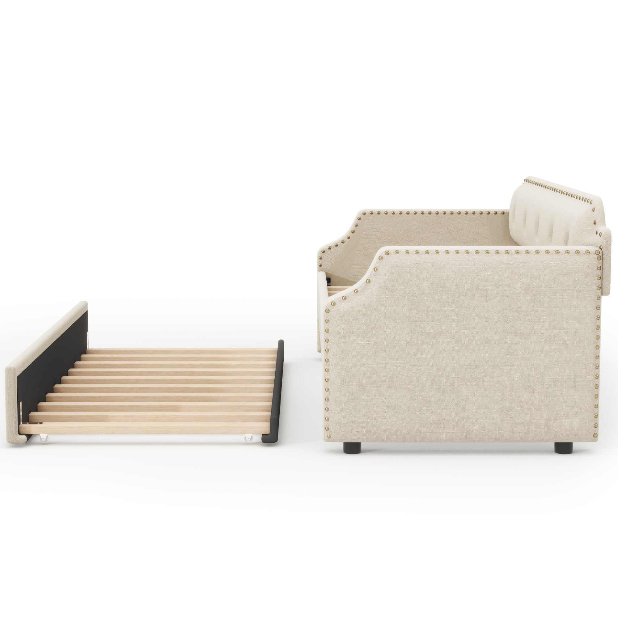 Upholstered Daybed with Trundle, Wood Slat Support, Twin