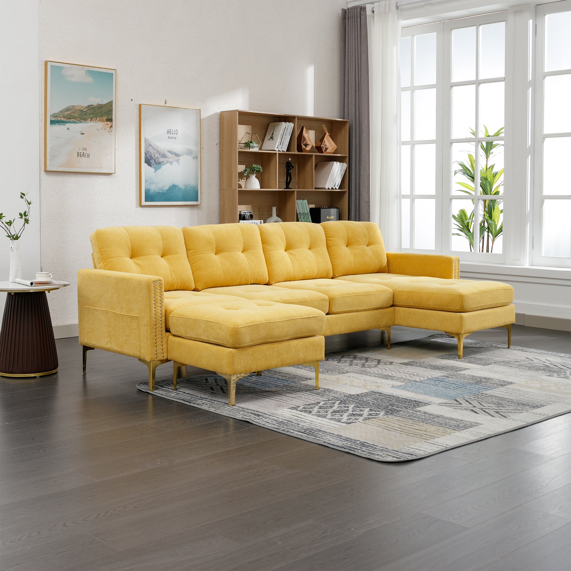 110" L-Shape Convertible Sectional Sofa with Movable Ottoman