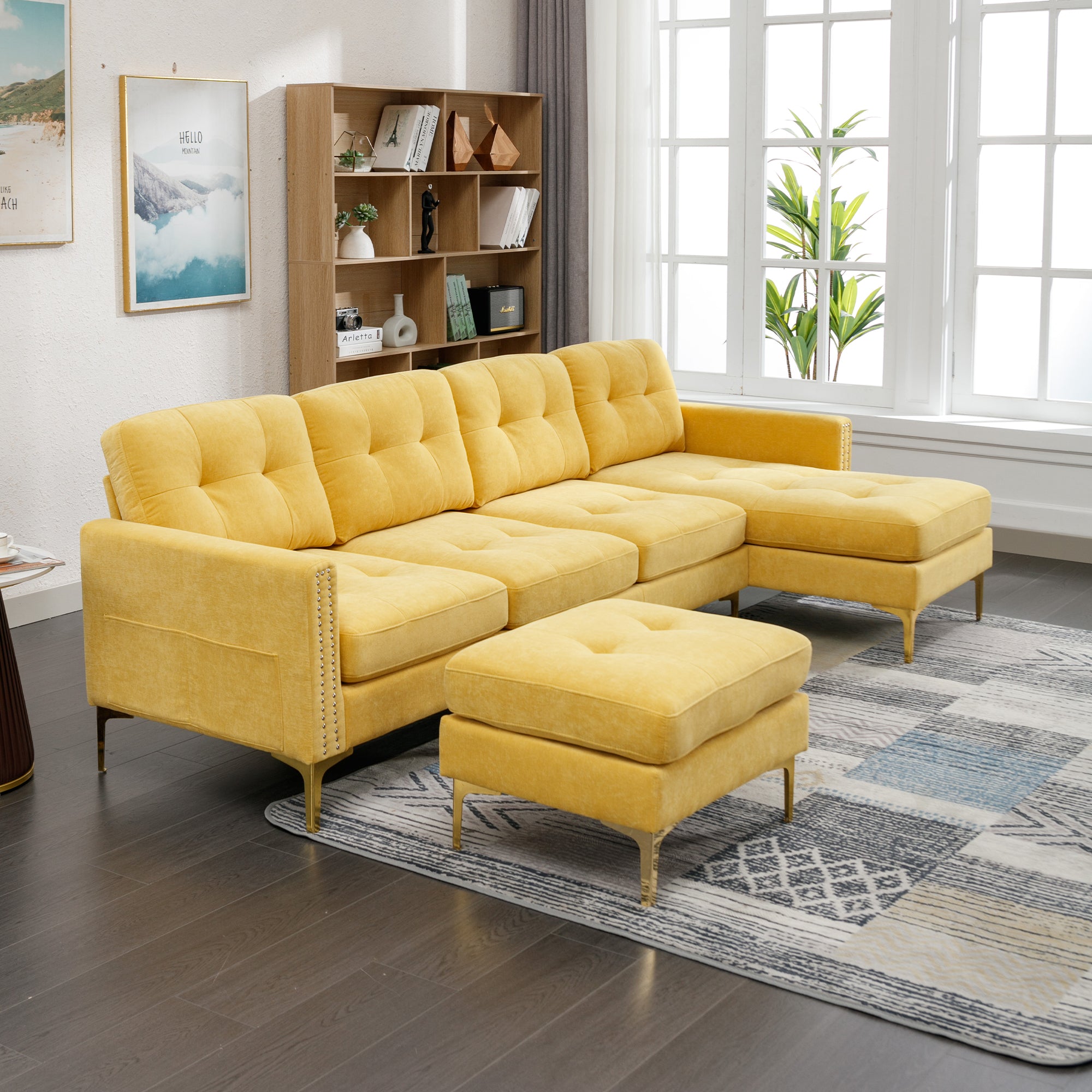110" L-Shape Convertible Sectional Sofa with Movable Ottoman