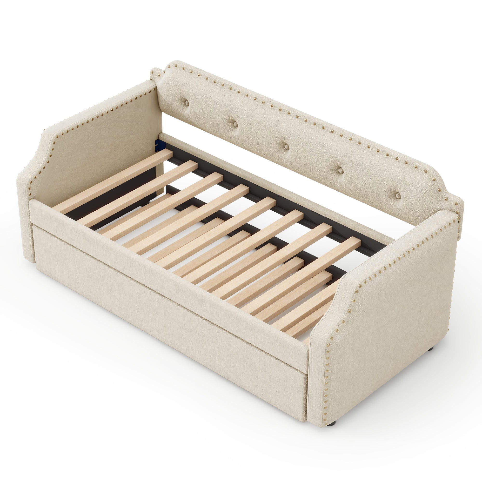 Upholstered Daybed with Trundle, Wood Slat Support, Twin