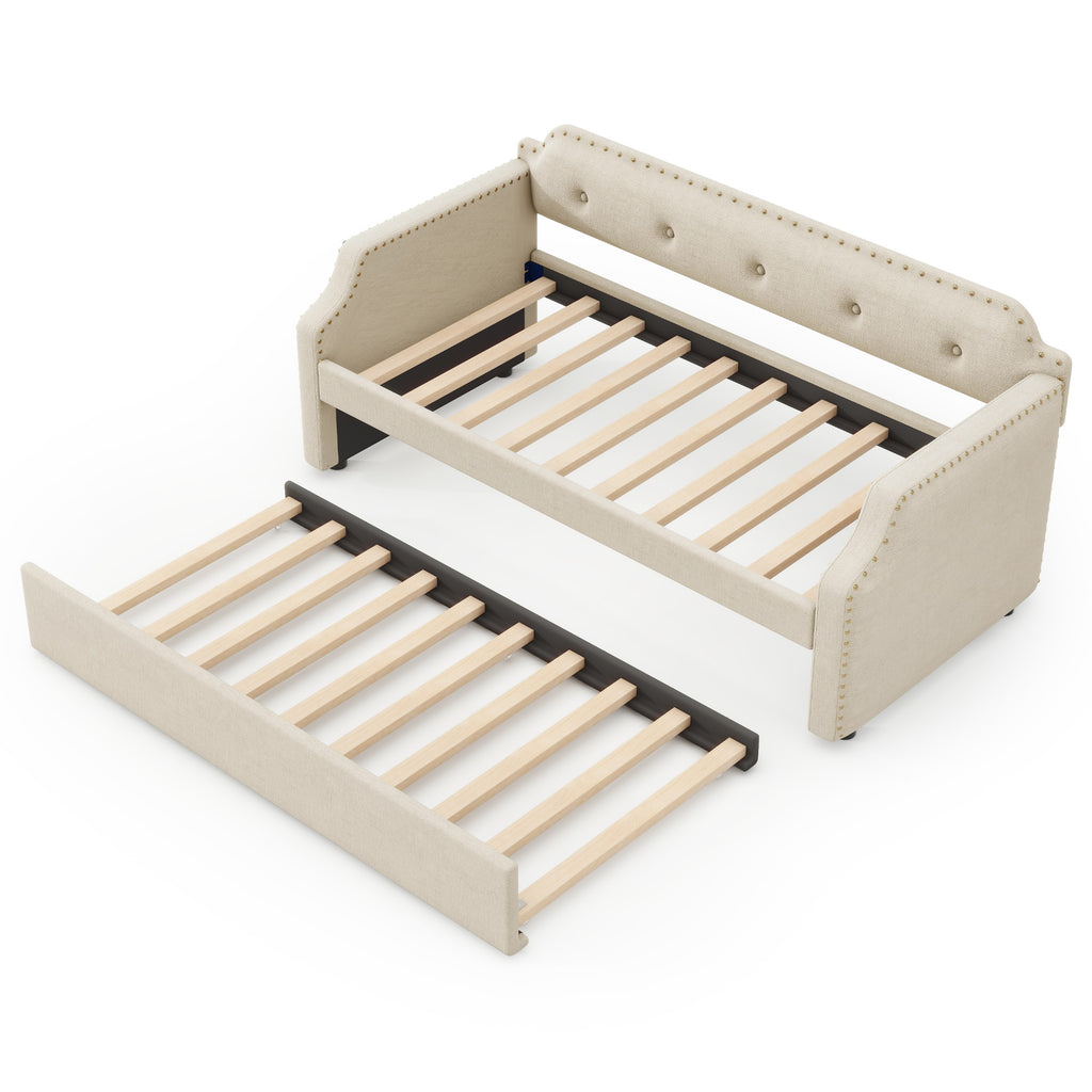 Upholstered Daybed with Trundle, Wood Slat Support, Twin