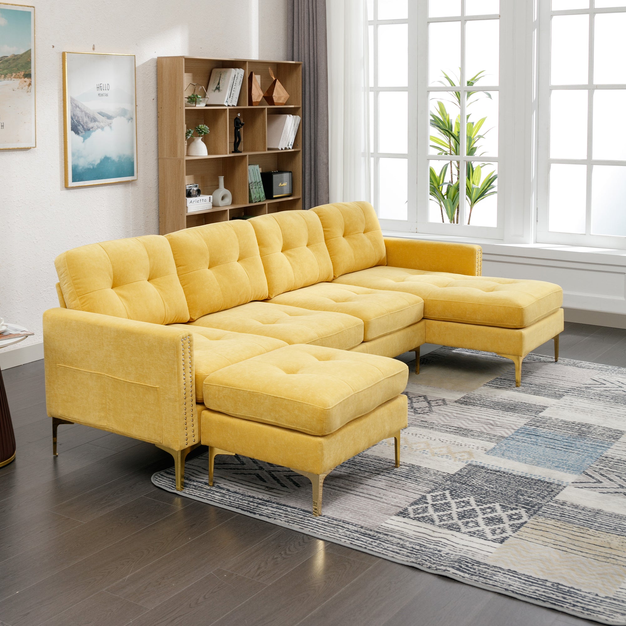 110" L-Shape Convertible Sectional Sofa with Movable Ottoman