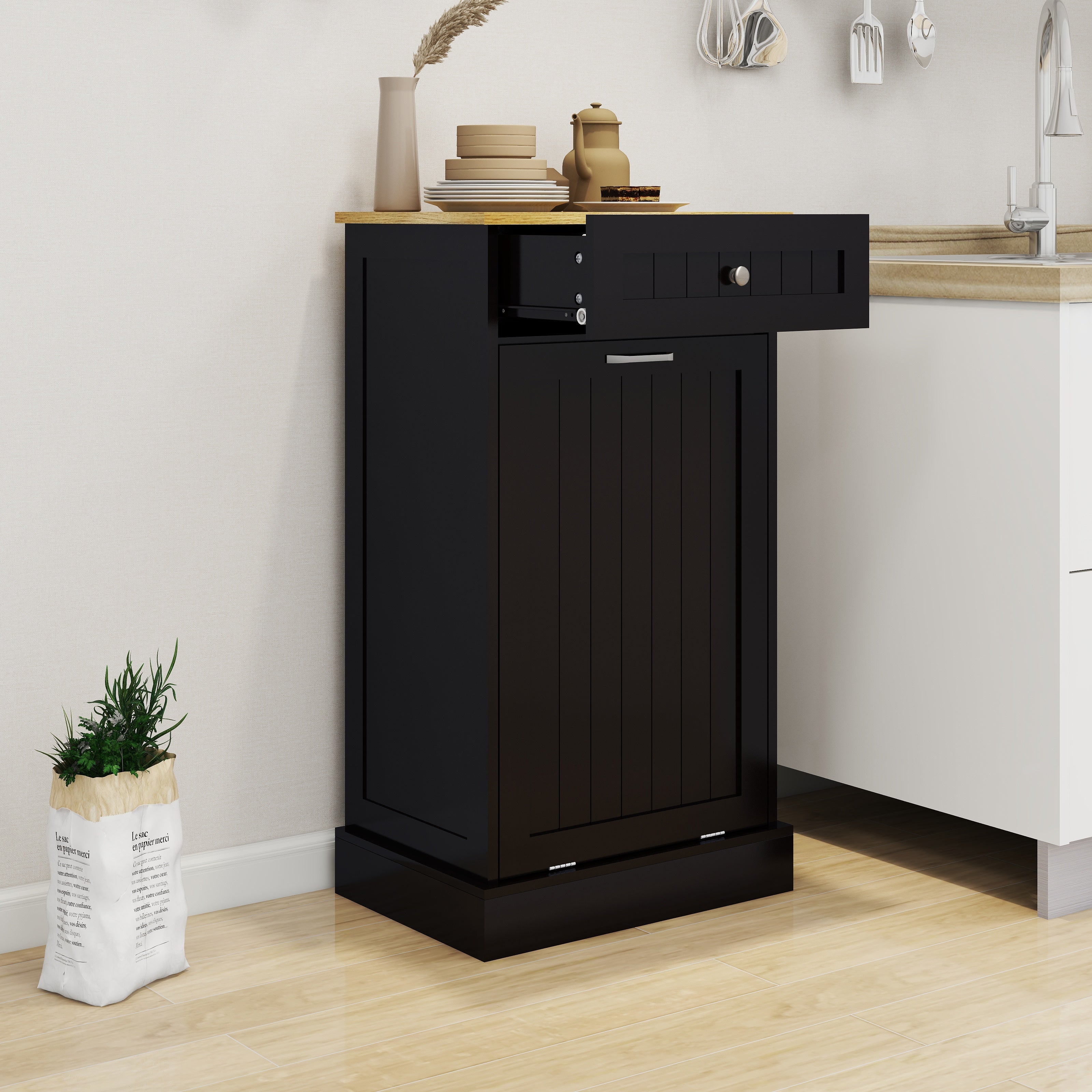 One Drawer and One-Compartment Tilt-Out Trash Cabinet - Black