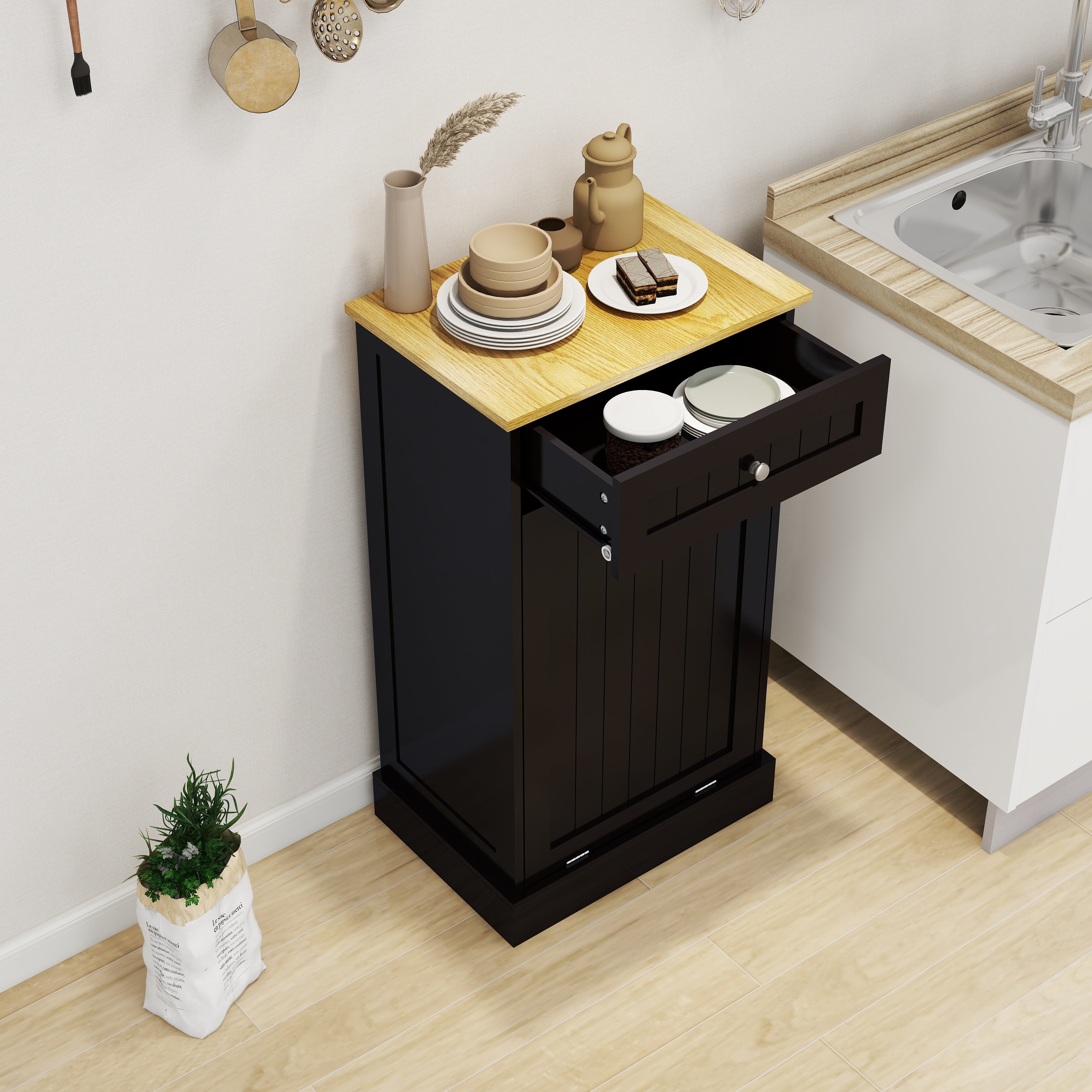 One Drawer and One-Compartment Tilt-Out Trash Cabinet - Black